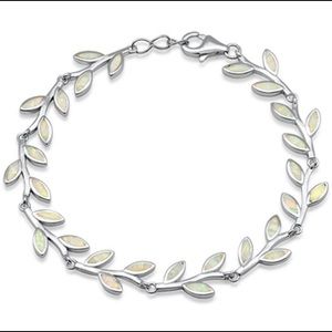 White Opal Leaf Design Silver Bracelet
